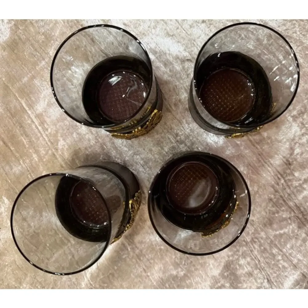 Vintage Leather Bound Rocks Glasses Set of 4 Medieval Shield Man Cave Bar